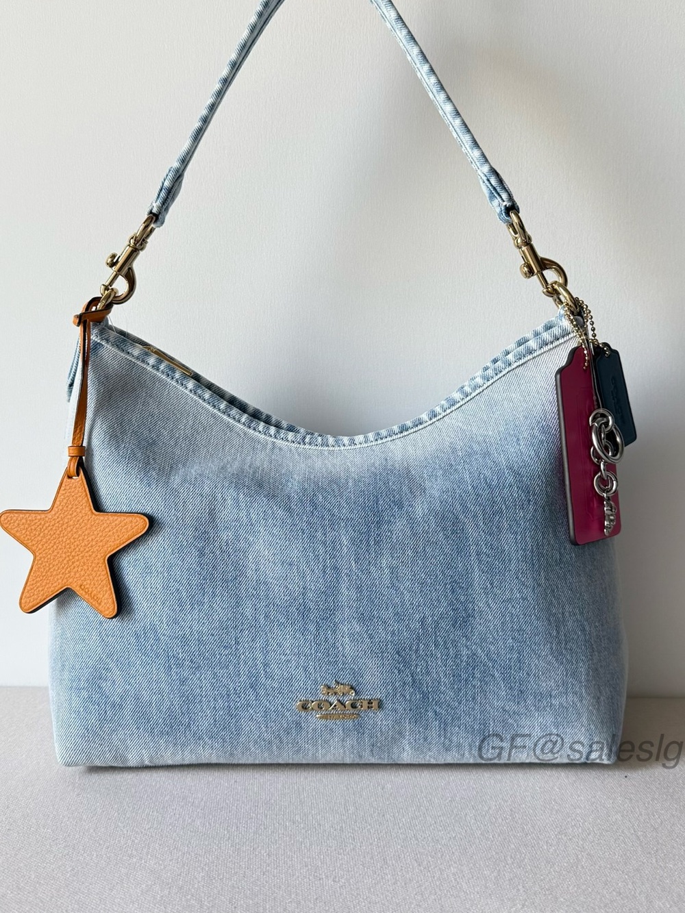 NWT Coach Laurel Shoulder Bag in Loved Denim With Charms Gold/Light Indigo CEF26